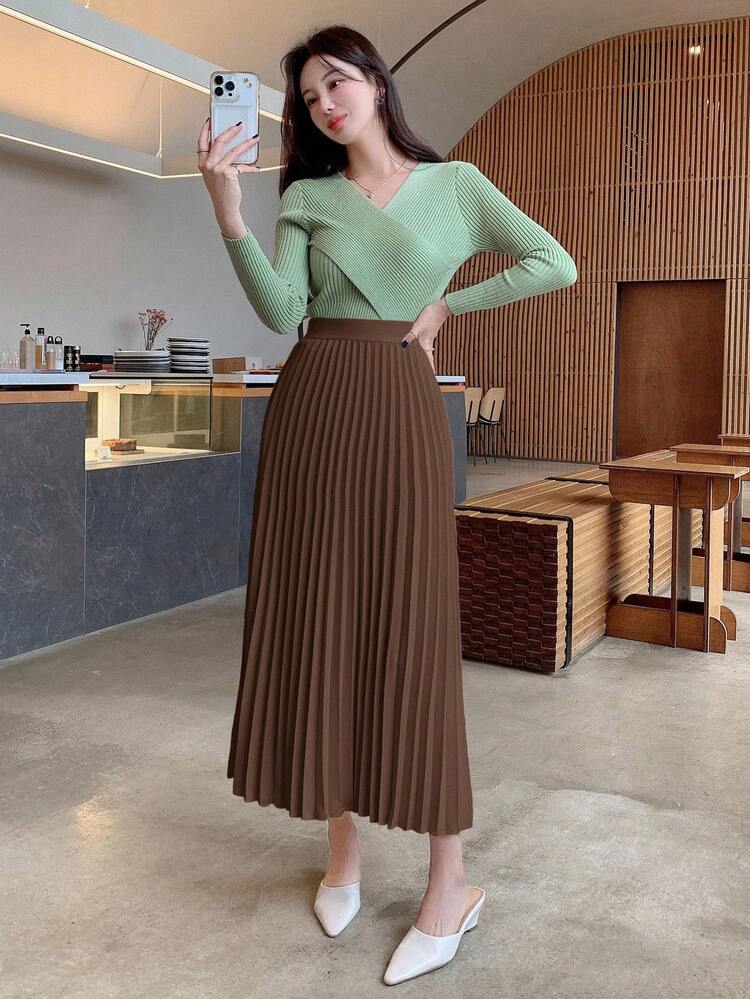 Solid Color Elegant Pleated Women's Skirt, Spring/Summer Fall,Winter