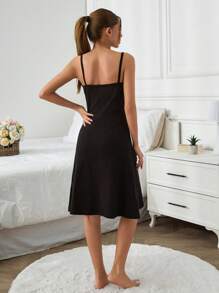 SHEIN Cottnline Women Lettuce Trim Wwith Cute Sleepy Cat Detail Sleeveless Home Wear Sleep Dress - Black - View 2