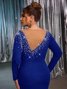 Glamrae 加大码优雅奢华蓝色水钻和泡泡珍珠设计长袖紧身褶饰美人鱼连衣裙，适合婚礼、派对、度假、庆典、正式场合（重度装饰） - 寶藍色 - 查看 1