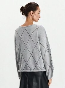 SHEIN LUNE Rhombus Sequin Embroidery Loose Pullover Sweater, Autumn/Winter Fall Cloth For Women - Grey - View 3