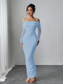 Firerie 女士优雅白色露肩珍珠装饰荷叶边修身浪漫派对约会长裙，情人节 - 淺藍色 - 查看 4