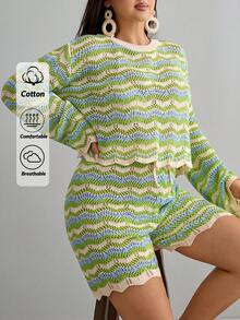 EURMUSE Hollow Out Short & Knit Top Cover Up Set - Multicolor - View 1