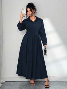 Elenzga Elegant Commuter Solid Color Lantern Sleeve Dress, Plus Size Women Autumn Long Dress Fall Cloth For Women