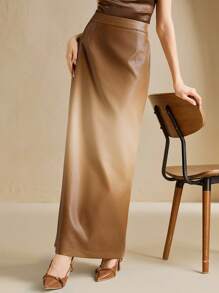 Anewsta New Elegant Minimalist Versatile Ombre Faux Leather Midi Skirt, Suitable For Dates And Commuting, Autumn/Winter - Brown - View 6