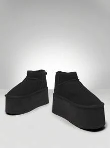 Solezae 女士舒适保暖圆头平底加厚可爱户外仿麂皮短靴，圣诞节必备 - 黑色 - 查看 2