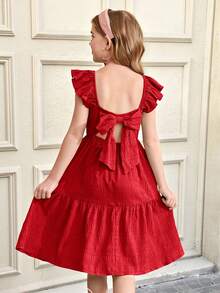 SHEIN Vestido texturizado para niñas preadolescentes con cuello cuadrado, decoración de lazo y mangas con volantes en la espalda abierta - Rojo - Ver 9