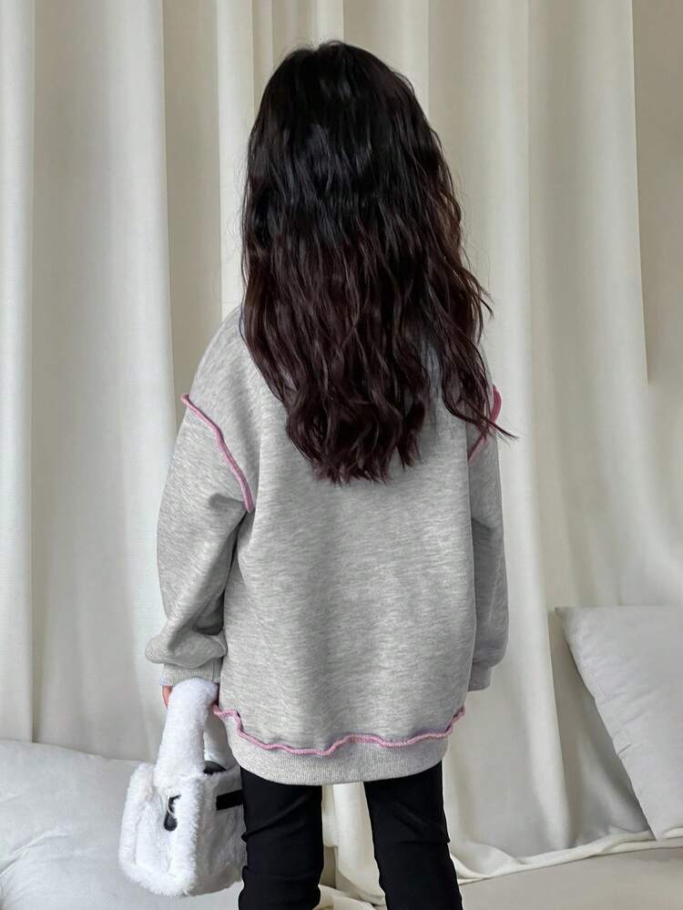 Young Girls Korean Style Letter Print Crew Neck Long Sleeve Sweatshirt, Autumn/Winter