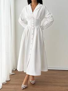 SHEIN PETITE Women's Front Button Solid Color Elegant Long Sleeve Dress Long Evening Dresses White Button Up Dress White Shirt Dress