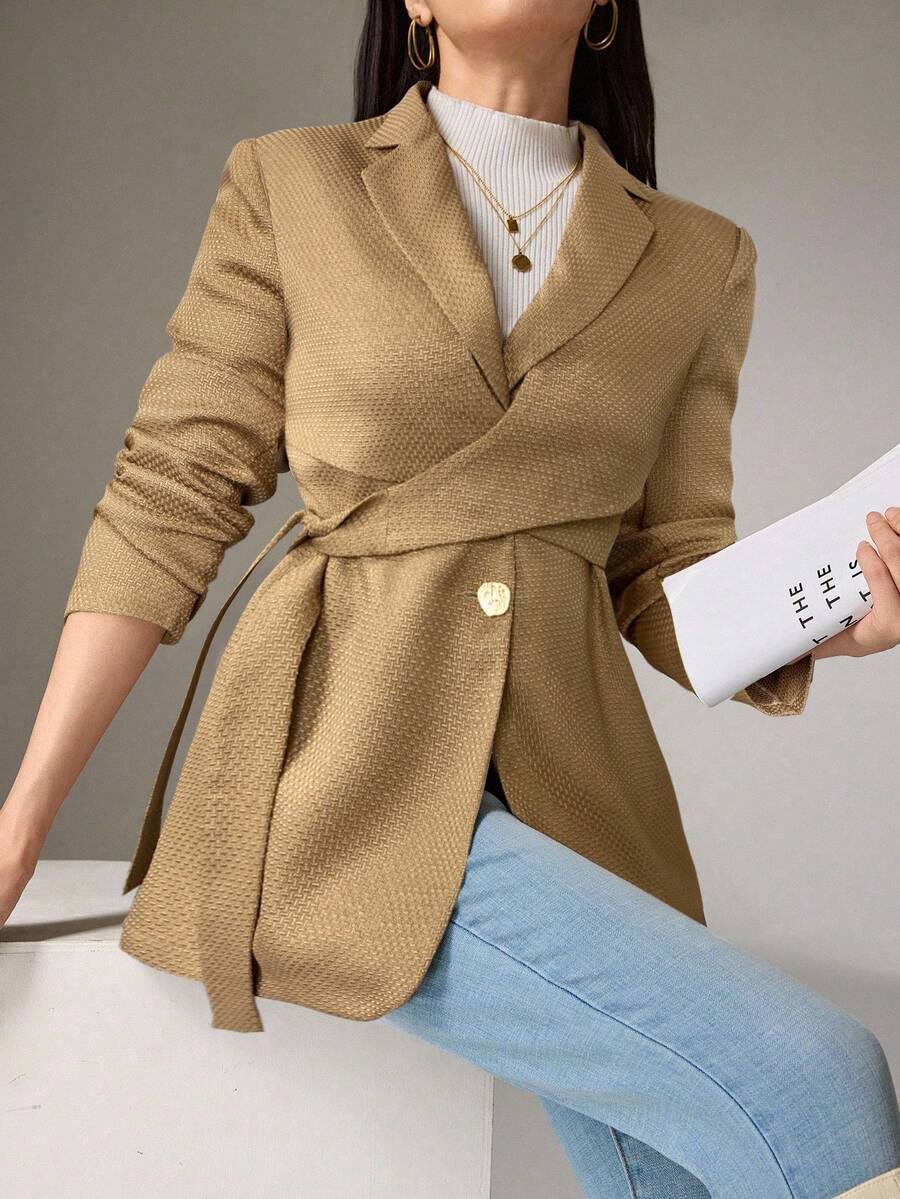 Modelyn Women's Solid Color Lapel NeckLong Sleeve Side Knot Elegant Blazer In Fall/Winter - Khaki - View 1