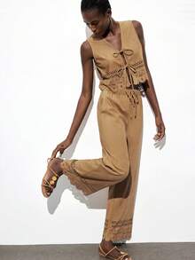 Maija Women's Fashion Casual Solid Color Hollow Out Twist Vest Tan Two Pieces Set Women Brown Two Pieces Set Women Suede Two Pieces Set Women Two Pieces Pants Set Two Pieces Set Modern Vacation Nomadic Casual Fashion All-Match Women's Country Concert Clothing Western Style Women's Clothing Nomadic Style Bohemian High-End Elegance All-Match Country Concert Clothing Exotic Atmosphere, Country Concert, Western Style Clothing, High-Grade Fabric, Comfortable And Breathable