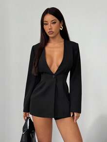 SHEIN PETITE Áo khoác blazer màu trơn cổ chữ V sâu tay dài cài nút thời trang cho nữ Áo khoác blazer màu đen Váy blazer cho nữ Váy blazer màu đen cho nữ Váy tuxedo cho nữ Áo khoác blazer màu đen cho nữ vào mùa thu/đông - màu đen - Xem 4