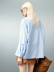 Airlisse 竖条纹优雅单扣衬衫 - 藍白色 - 查看 2