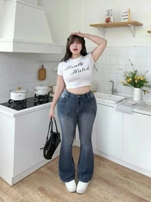 SHEIN MOD 大码蓝色休闲紧身喇叭牛仔裤 - 深色水洗藍 - 查看 7