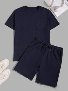 RueChic Men Waffle Fabric Pocket Detail Regular T-Shirt Set - Navy Blue - View 3