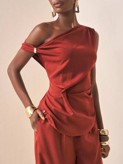 Zivah 20  Autumn New Music Festival, Easter, St. Patrick's Day, Western, Nomadic, Birthday Party, Graduation, College Style, Student Wear, Daily Casual, Basic Versatile, Leisure, Vacation, Cruise Travel, Beach, Sunbathing, Viral , Streetwear, Wedding Guest Boho, Commute, Brunch, Airport Outfit, Asymmetric Shoulder Design, Metallic Decor Pleated Top And Wide Leg Pants, Reddish Brown Glossy Textured Fabric 2 Pieces Set