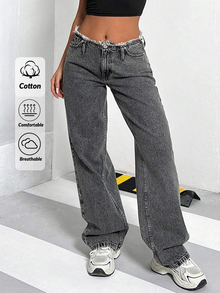 CasuGlow 女式低腰磨边口袋宽腿宽松休闲牛仔裤 - 黑色 - 查看 1