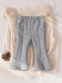 SHEIN 1 件婴儿女孩/幼儿舒适休闲针织麦穗图案喇叭裤，适合秋冬外出、上学、旅行和各种场合