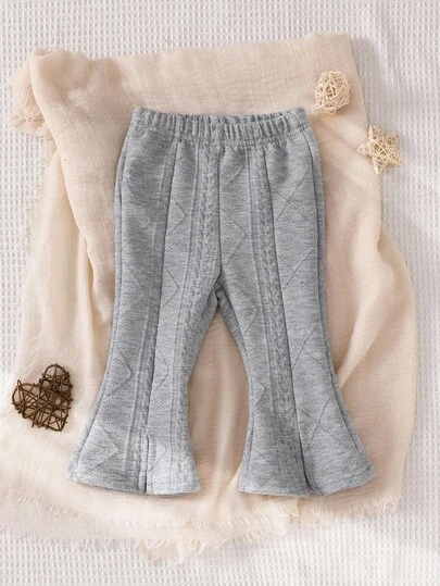 SHEIN 1 件婴儿女孩/幼儿舒适休闲针织麦穗图案喇叭裤，适合秋冬外出、上学、旅行和各种场合