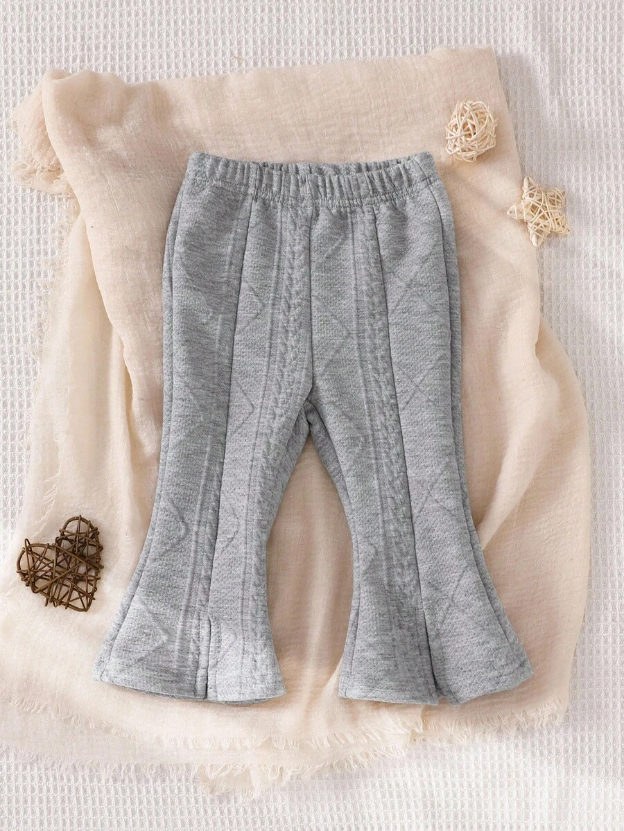SHEIN 1 件婴儿女孩/幼儿舒适休闲针织麦穗图案喇叭裤，适合秋冬外出、上学、旅行和各种场合