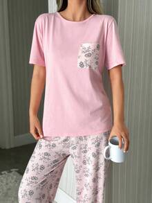 RueChic Women 2 Pcs Solid Colour Shirt With Pocket And Floral Pattern Sleep Bottom Homewear Pajama Set - Pink - View 4