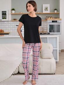 RueChic Valentine's Day Couple Contrast Colour Back Printed Shirt And Plaid Pattern Bottom Homewear Set - Black - View 5