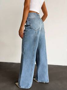 RueChic 女士低腰阔腿蓝色牛仔裤 日常休闲 - 中等水洗藍 - 查看 2