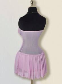 SHEIN ICON 女式性感蕾丝拼布蝴蝶结装饰迷你连衣裙 - 淺粉色 - 查看 9