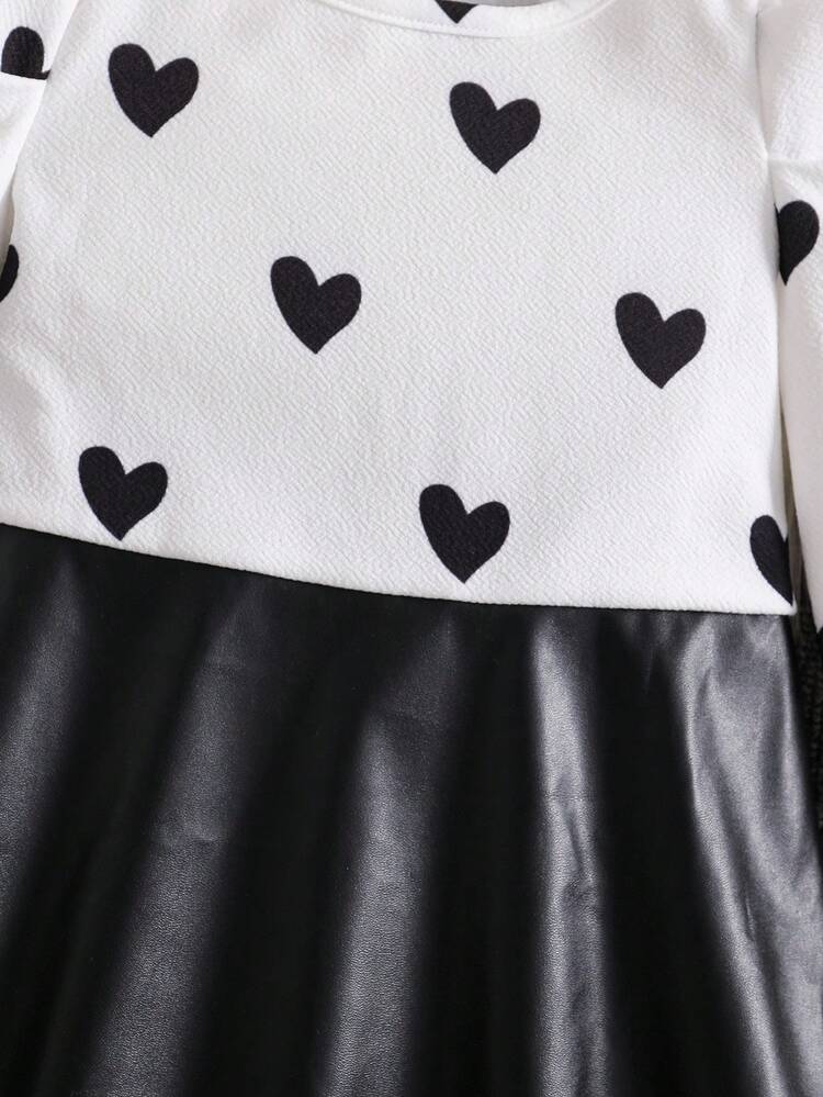 Emery Rose Kids Emery Rose Kids Vestido de malha com estampa de coração para meninas, patchwork, bainha de couro PU, sem cinto - Preto - Ver 3