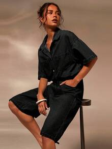 Athîral 女式 90 年代风格休闲青年布牛仔连体裤 - 黑色 - 查看 1