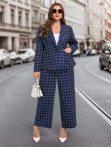 SHEIN Clasi Plus Size Women's Suit Set,Elegant Blazer Jacket And Long Pants Outfit,Plaid,Navy Blue,Summer,Office Wear,Commuting,White,Spring,Autumn,Winter,Pockets - Blue and White - View 6