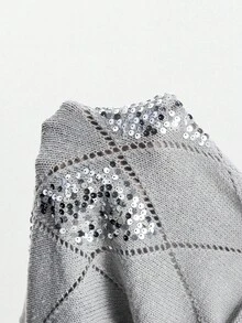 SHEIN LUNE Rhombus Sequin Embroidery Loose Pullover Sweater, Autumn/Winter Fall Cloth For Women - Grey - View 8