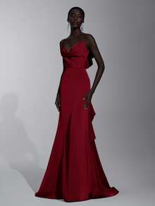 Elitara 优雅的荷叶边肩带伴娘礼服，红色 - 紅色 - 查看 2