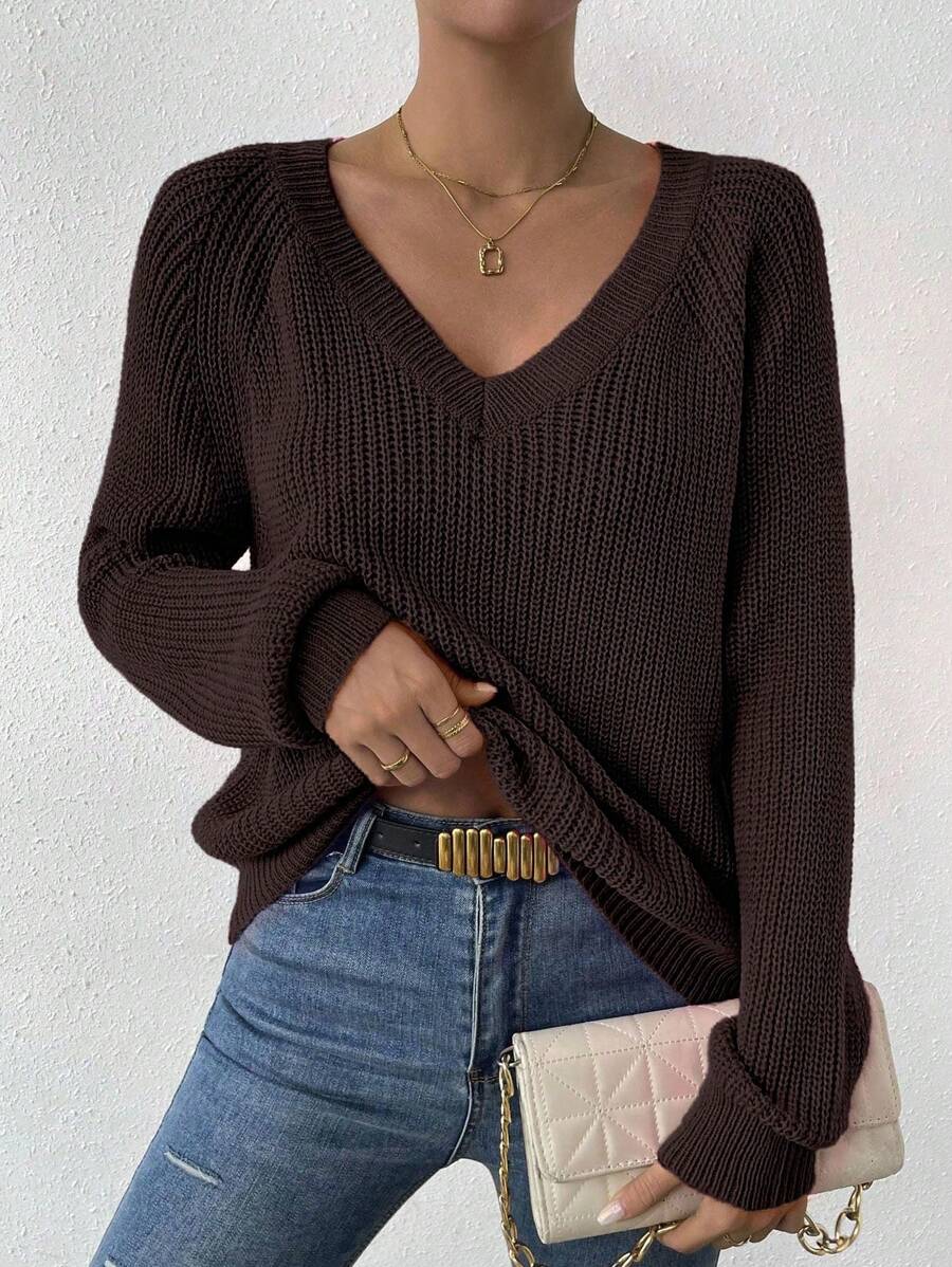 SHEIN LUNE Sweater Kasual Wanita Warna Polos Lengan Raglan untuk Musim Gugur dan Musim Dingin - Coffee Brown - View 1