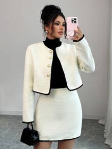 Elenzga 法式优雅精致日常外出时尚蕾丝装饰夹克和裙子两件套女士 - 杏色 - 查看 1