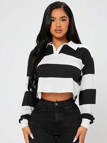 SHEIN PETITE Half Button Colourblock Drop Shoulder Crop Tee - Black and White - View 6