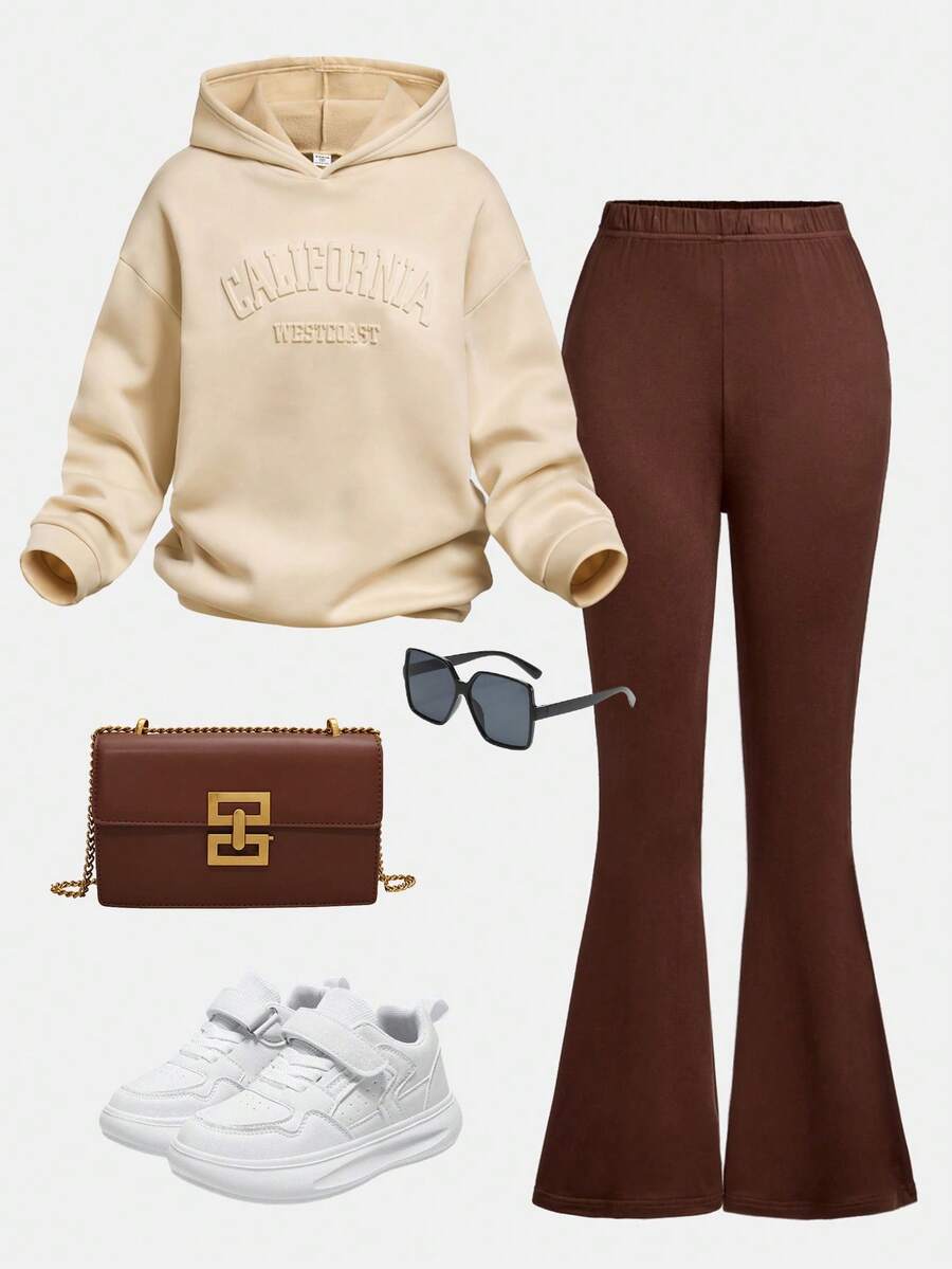 SHEIN ChillGRL 2pcs/Set Teen GirlCity Name 3D Graphic Knit Hoodie + Knit Flare Pants Suit - Multicolor - View 1