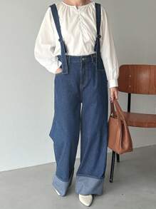 FRIFUL 女式口袋阔腿宽松休闲日常牛仔连体裤 - 藍色 - 查看 1