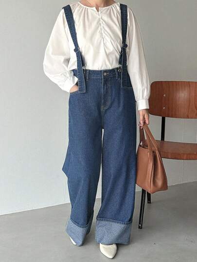 FRIFUL Women's Pocketed Wide Leg Loose Casual Everyday Wear Denim Jumpsuit