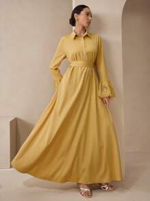 Graceveil Autumn Woven Embroidered Patchwork Elegant Teacher's Dress, Long Dress For Back To School, Yellow Autumn Long Sleeve Maxi Dress Fall Cloth For Women - Yellow - View 4