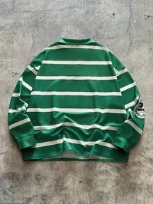 AXEPEAK Men Plus Size Casual Colorblock Striped Long Sleeve Polo Shirt, Fall - Green - View 2
