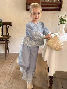 LMoss Kids 2件套少女碎花梭织衬衫和宽松休闲裤套装 - 藍白色 - 查看 7