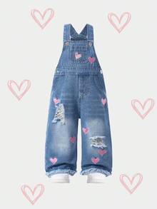SHEIN Quần yếm denim ống đứng rộng rãi, mềm mại, họa tiết trái tim rách, thoải mái cho bé gái, thời trang mặc hàng ngày, mùa xuân/thu - Rửa trung bình - Xem 3
