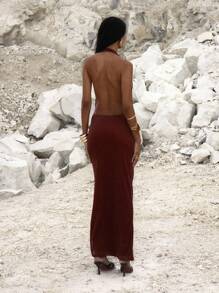 MUSERA Đầm maxi dáng suông, cổ yếm, cổ đổ, khoét sâu phía trước, thích hợp cho các dịp đi chơi tối, thanh lịch, mùa thu, hè, kỳ nghỉ, lễ tốt nghiệp. - Màu Đỏ Sâu - Xem 4