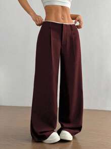 SHEIN Unity Pantaloni casual pentru femei Design Sense pentru slăbire cu picior drept - Burgundia - Vizualizare 5