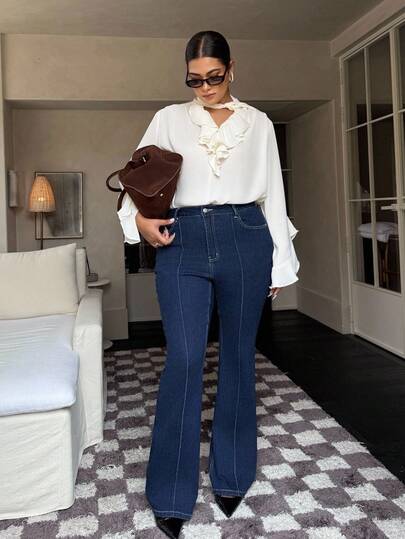 Dripcurv 大码女式弹力修身长喇叭牛仔裤