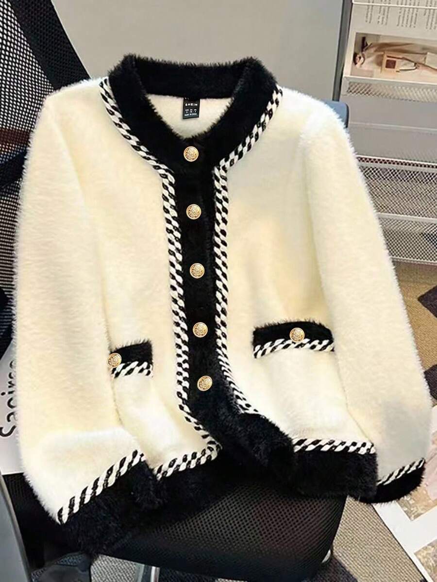 Franclia 女士秋冬撞色外套 白色毛绒 黑白撞色滚边 金属扣装饰 优雅通勤外套 秋季时尚休闲通勤商务办公日常休闲百搭都市教师职业装 - 黑與白 - 查看 1