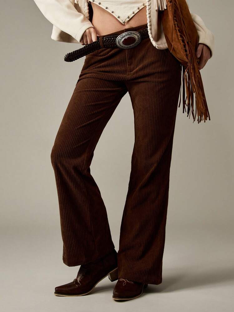 MISSGUIDED Brown Corduroy Flared Pants Retro High Rise Western Style Boho Fall Winter Wide Leg Vintage Bell Bottom Bottoms With Braided Belt