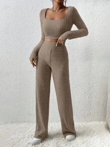 EURMUSE Cotton Square Neck Crop Tee & Wide Leg Pants - Mocha Brown - View 5