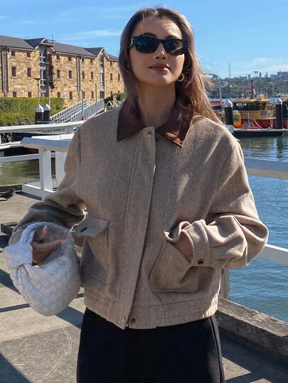 DAZY 女士休闲拼接撞色领夹克秋冬女式外套