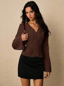 Poéselle Women's Solid Color Long Sleeve V-Neck Front Button Lace Trim Fashion Blouse,Brown Top - Coffee Brown - View 6